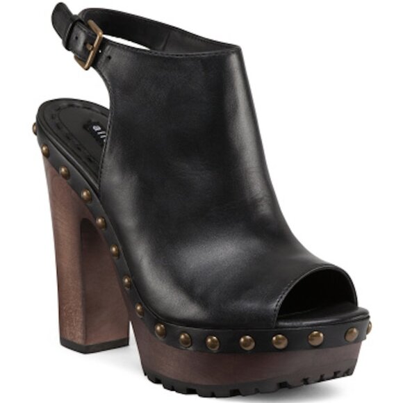 Alice + Olivia Black Leather Sharon Wood Heel Clog NIB